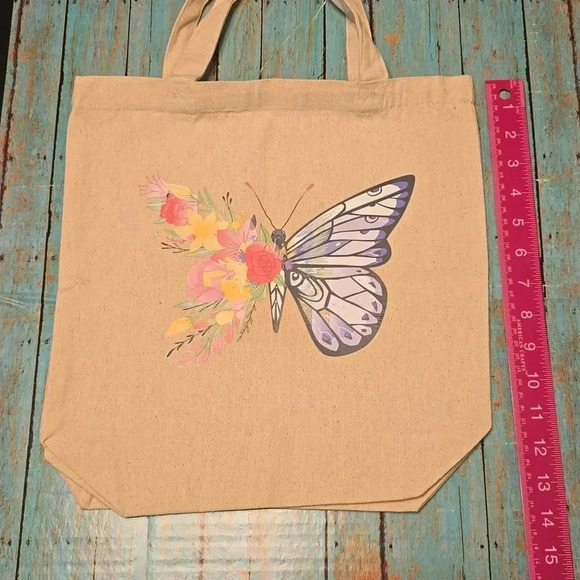Hand Crafted| Canvas Tote | Butterfly decal | Medium Size | Beige - Picture 5 of 6